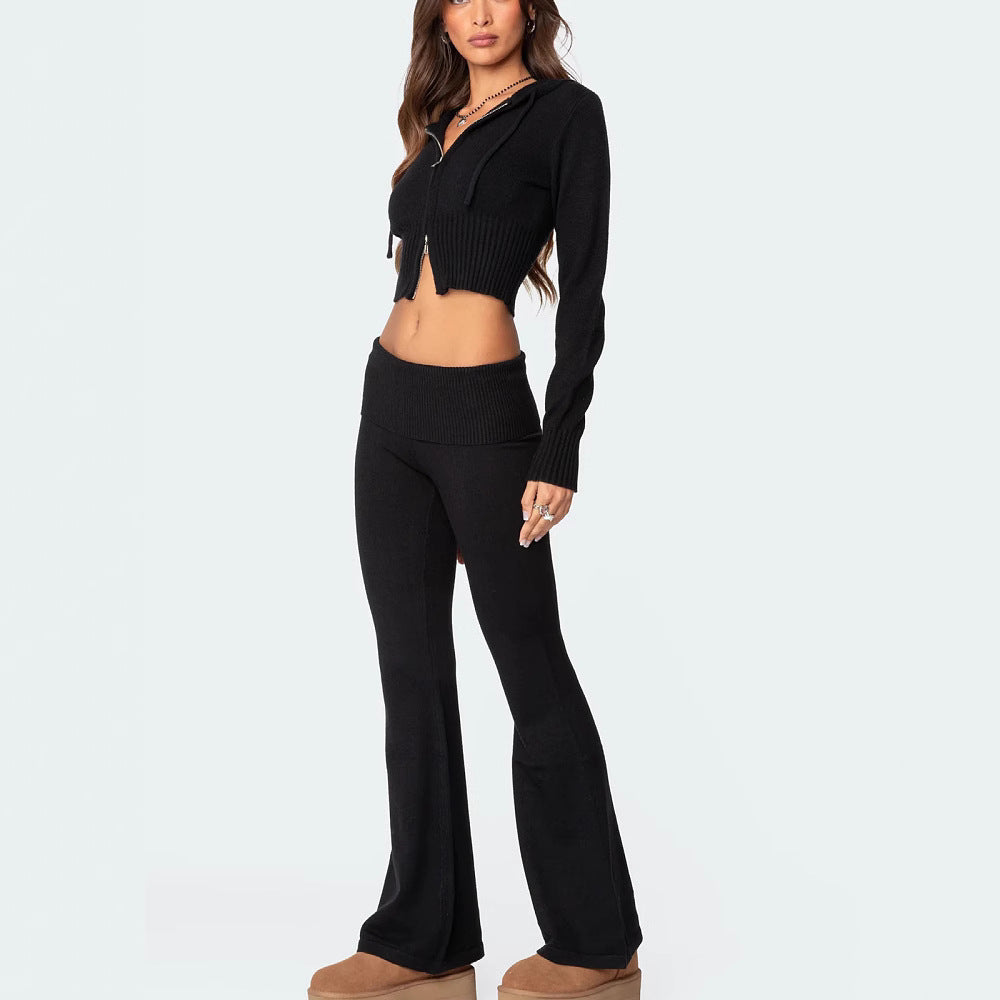 Knitted Hooded Suit Long Sleeve Zipper Cropped Top And Slim Flared Pants Trousers Solid Outfits