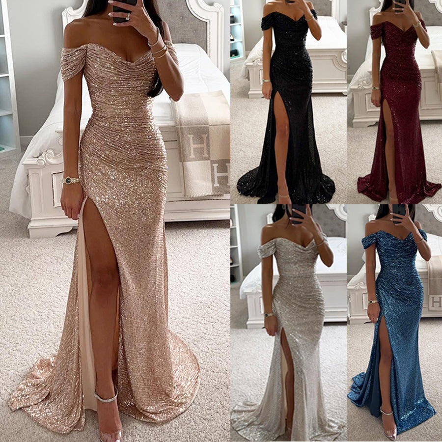Sequins Off-neck Split Dress - Beuti-Ful