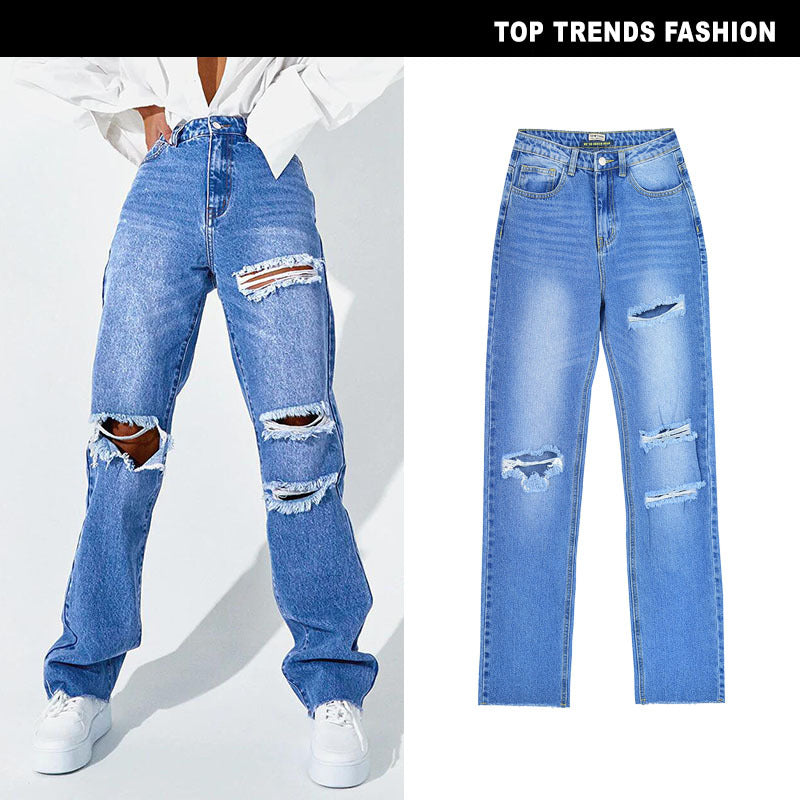 Women's High Waist Straight Ripped Jeans - Beuti-Ful