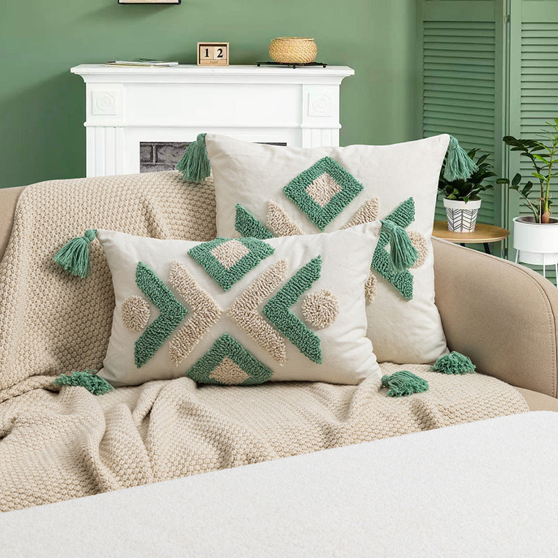 Moroccan Geometric Loop Velvet Tassel Living Room Sofa Cushion Cover - Beuti-Ful