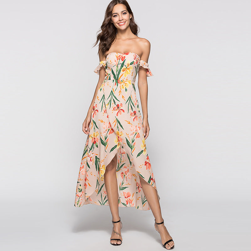 Rinted Dress Sexy Wrapped Chest Raglan Sleeve Long Skirt - Beuti-Ful