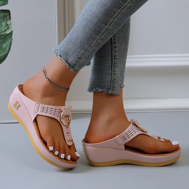 Thong Sandals Women High Heel Wedges Shoes Flip Flops Metal Decorative Slides Slippers - Beuti-Ful