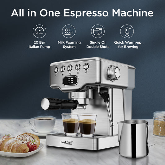 Geek Chef Espressomaschine, 20 Bar Espressomaschine mit Milchaufschäumer für Latte, Cappuccino, Macchiato, für Espressomaschine zu Hause, 1,8 l Wassertank, Edelstahl,