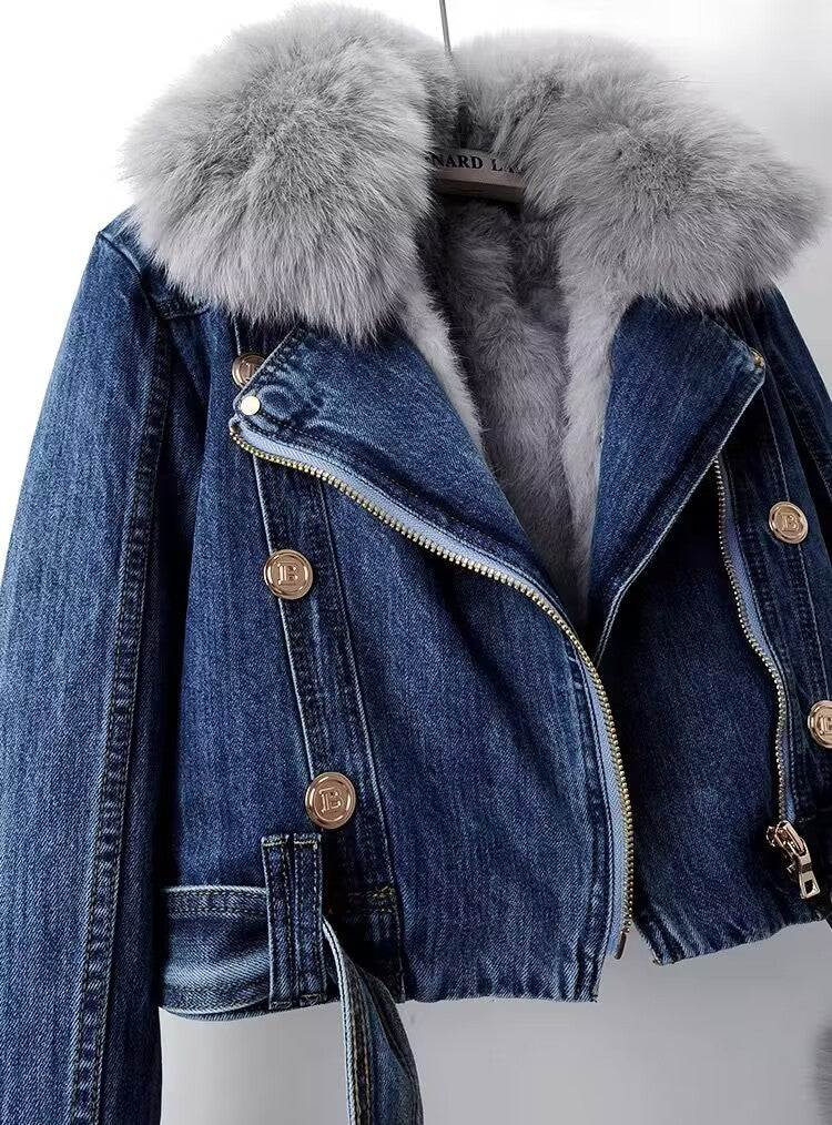 Detachable Fox Fur Rabbit Fur Liner Denim Coat - Beuti-Ful