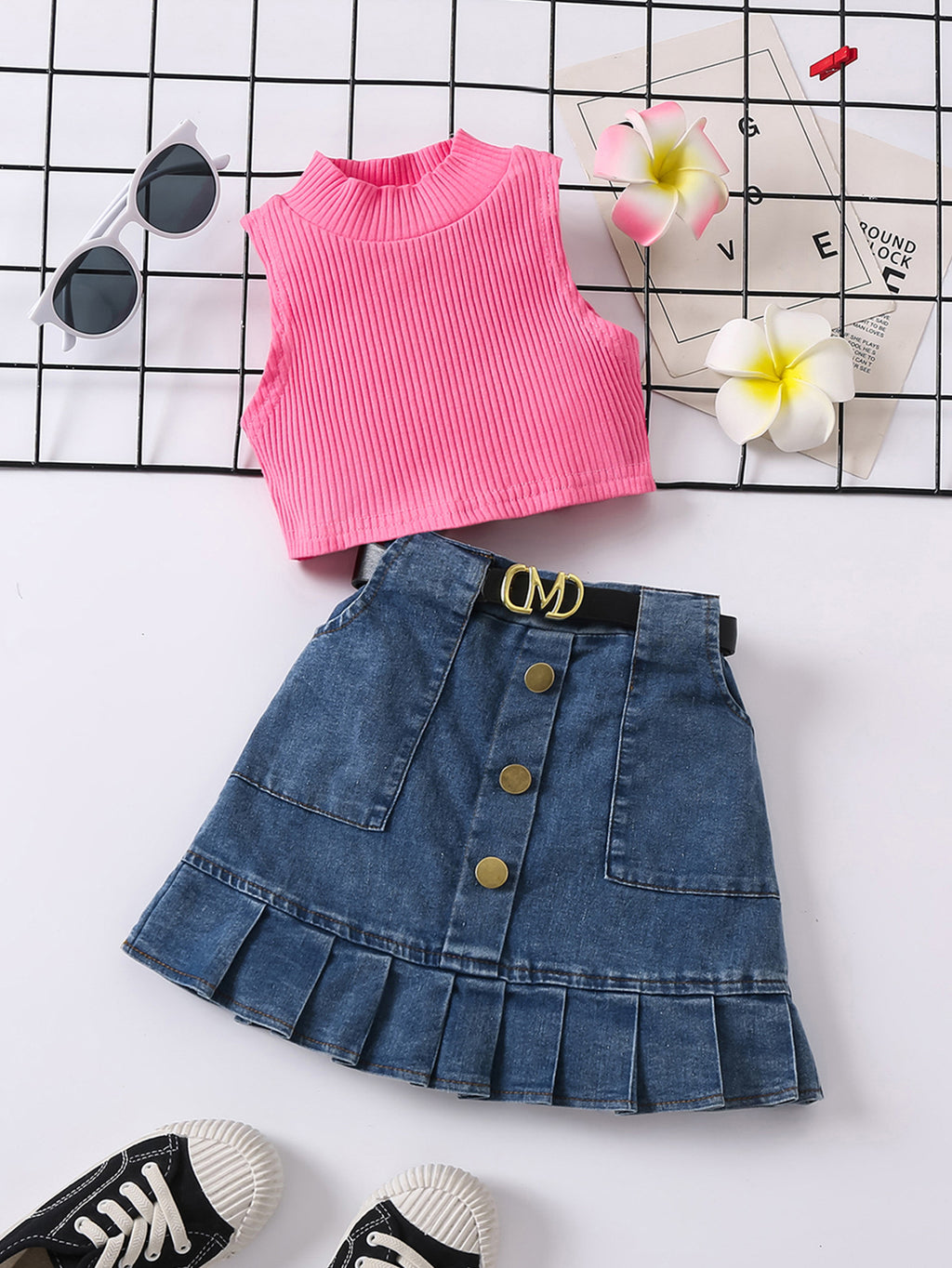 Girls' Solid Color Waistcoat Sleeveless Top Denim Open Bag Pleated Skirt Suit - Beuti-Ful