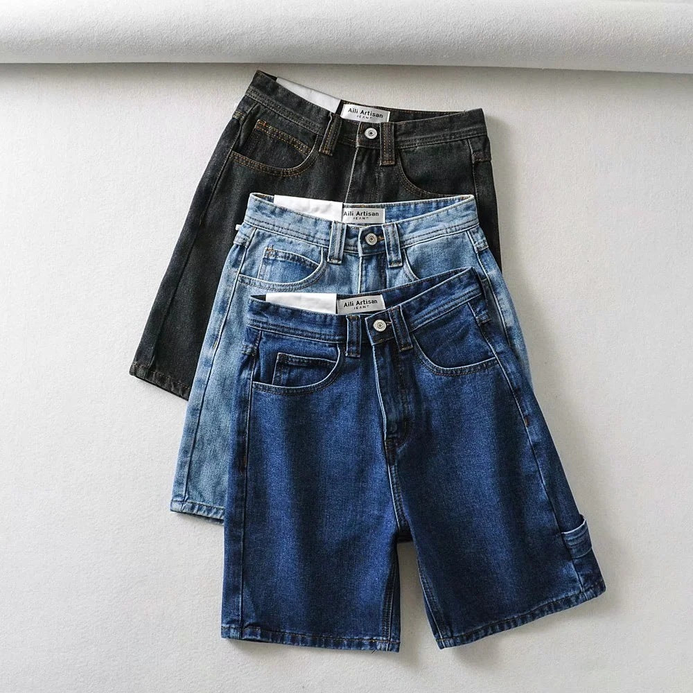 High Waist Making Legs Look Long Workwear With Pocket Denim Shorts - Beuti-Ful