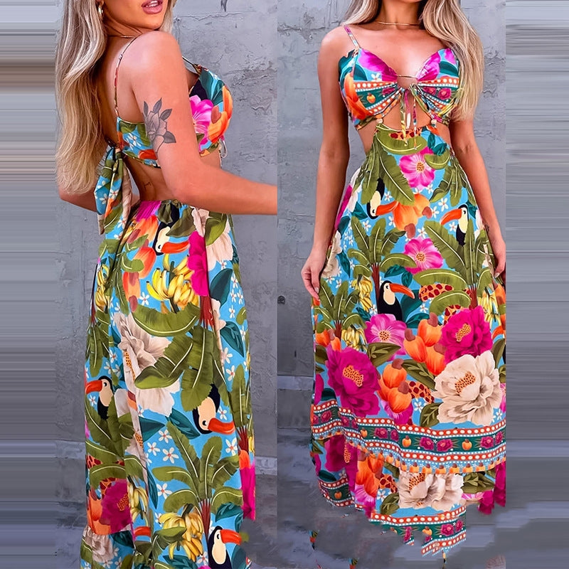 Tropical Printed Floral Halter Midriff Outfit Dress - Beuti-Ful