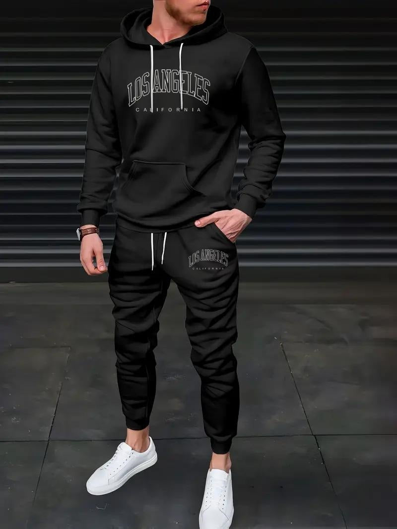 Men Fleece-lined Letter Print Same Color Sweatshirt And Sweatpants Suit Men