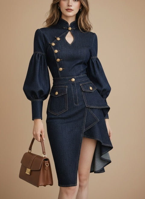 Architectural Indigo Denim Midi Dress-Military Gold-Tone Hardware & Bishop Sleeves - Beuti-Ful
