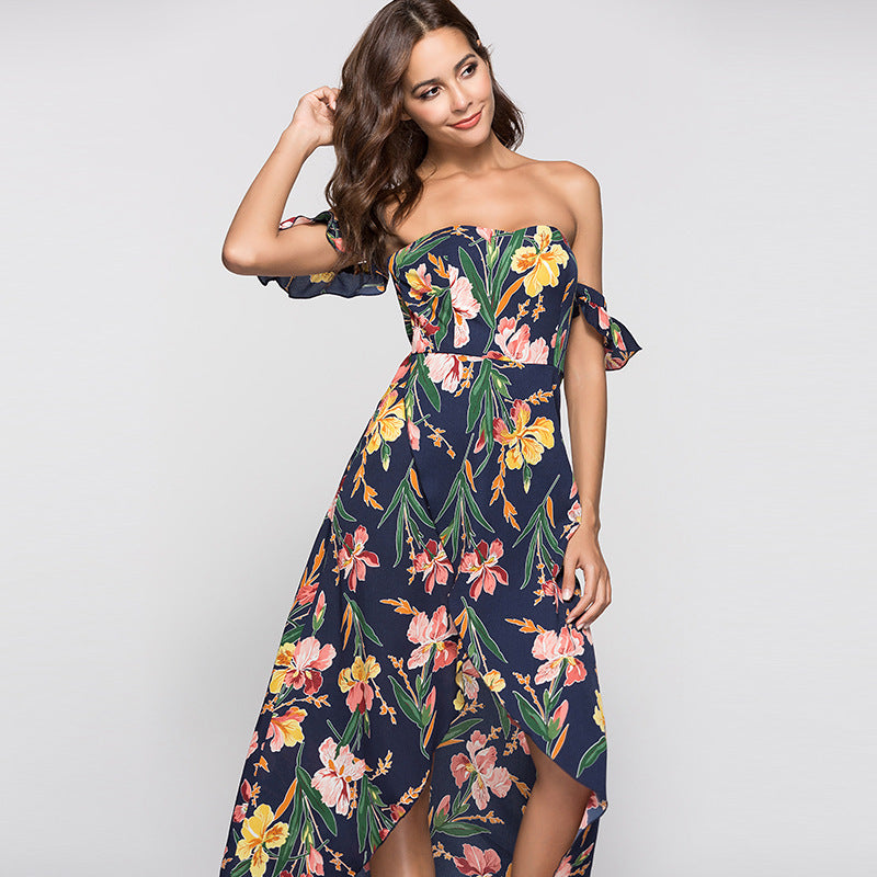 Rinted Dress Sexy Wrapped Chest Raglan Sleeve Long Skirt - Beuti-Ful