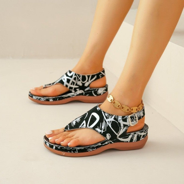 Herringbone Sandals Ethnic Style Embroidered Flower Back Buckle Wedge - Beuti-Ful