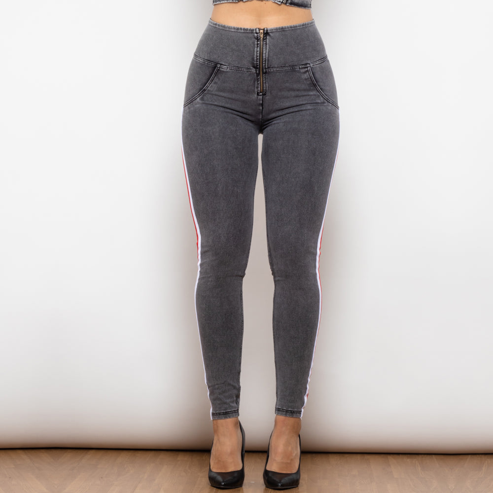 High Waist Dark  Grey Jeans With Stripe Jeans Bum Lift Pants Shaping Jeggings Women Pants