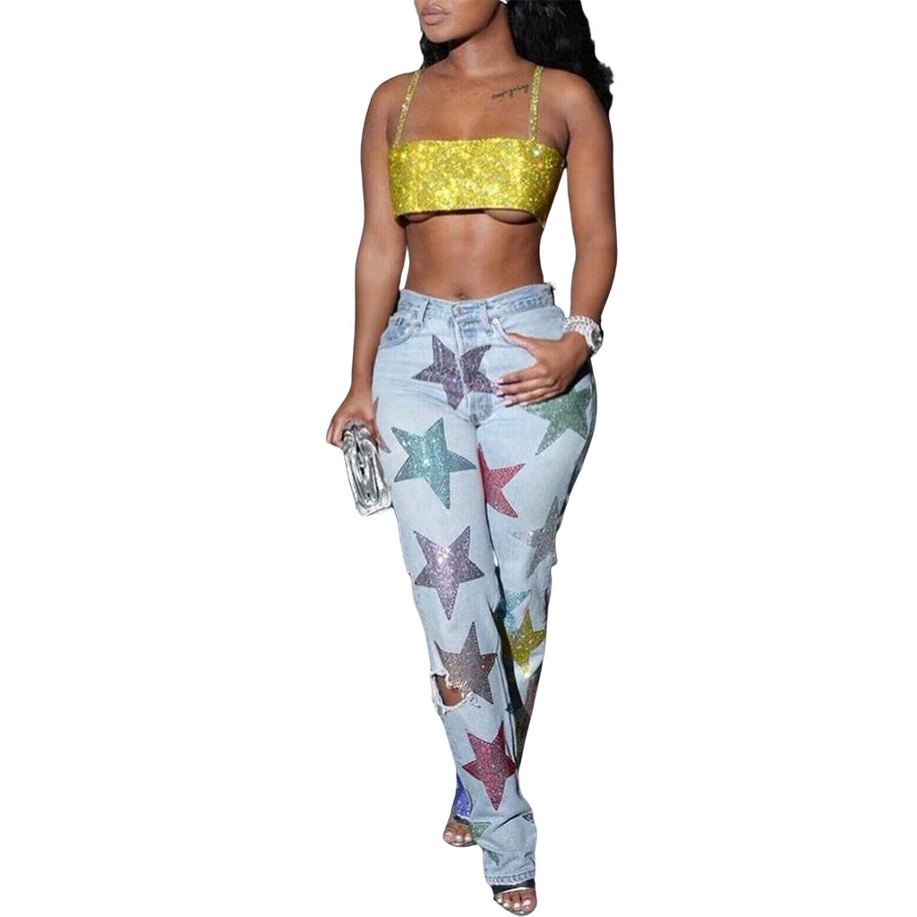 Denim Printed Ripped Five-pointed Star Jeans - Beuti-Ful