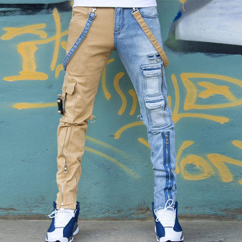 Color Block Wash Jeans Men's Trendy Brand Slim Straight-leg Pants - Beuti-Ful