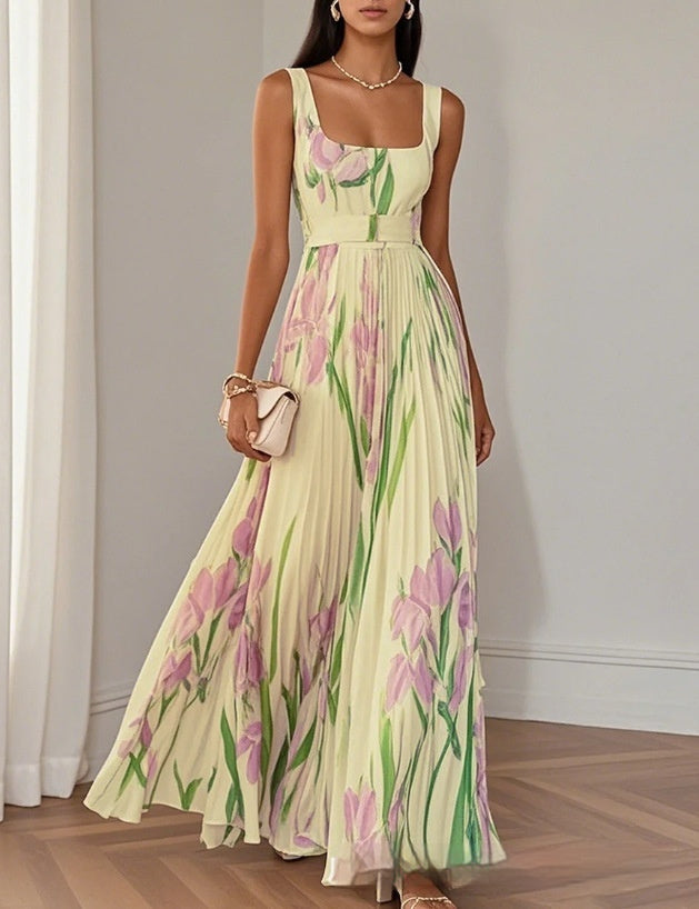 Floral Print Pleated Dress Summer A-Line Sleeveless Midi Dresses Women's Clothing - Beuti-Ful