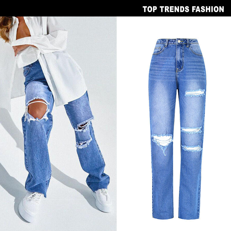 Women's High Waist Straight Ripped Jeans - Beuti-Ful