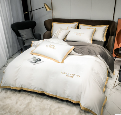 Cotton Four Piece Solid Color Wide Brim Embroidered Bedding For Wedding - Beuti-Ful