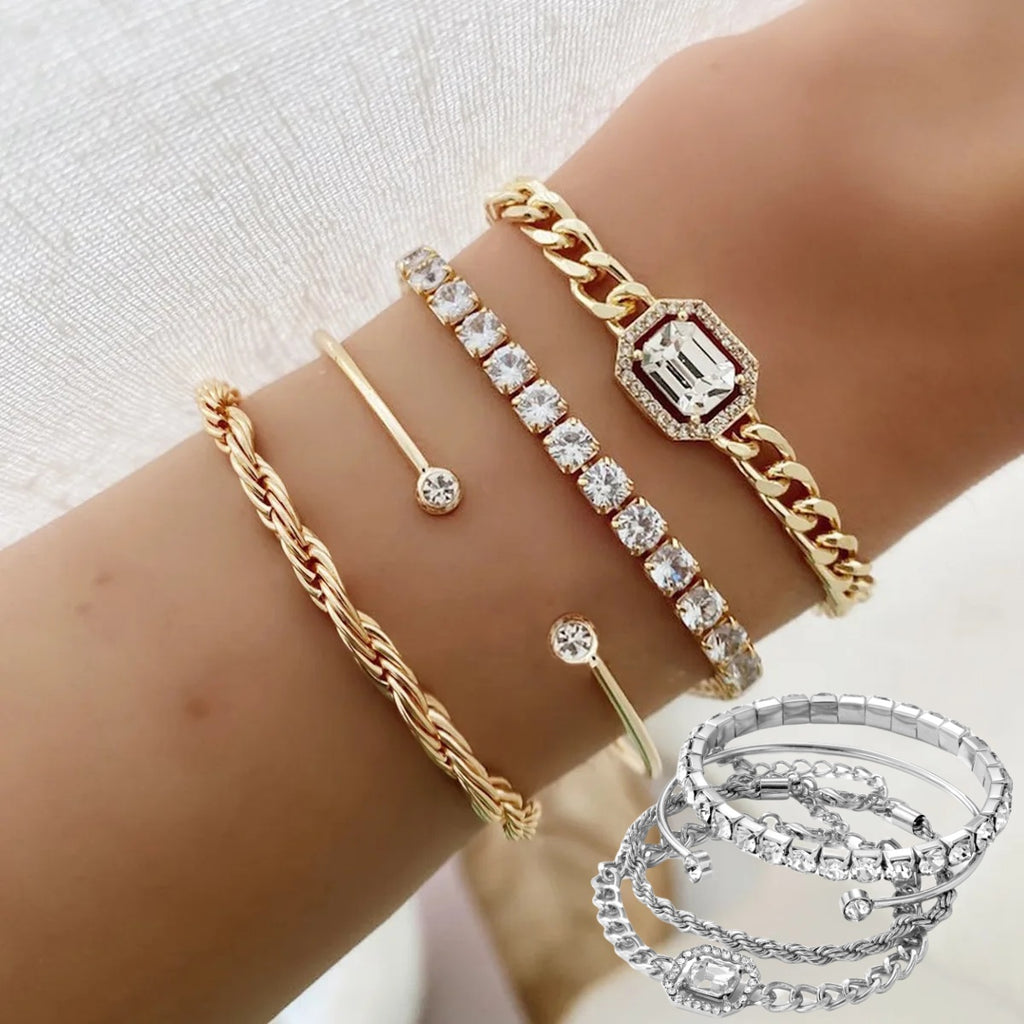 Jewelry 4 Pcs Crystal Bracelet Set Bohemian   Vintage Luxury Twisted Cuff Chains Armband Jewelry - Beuti-Ful