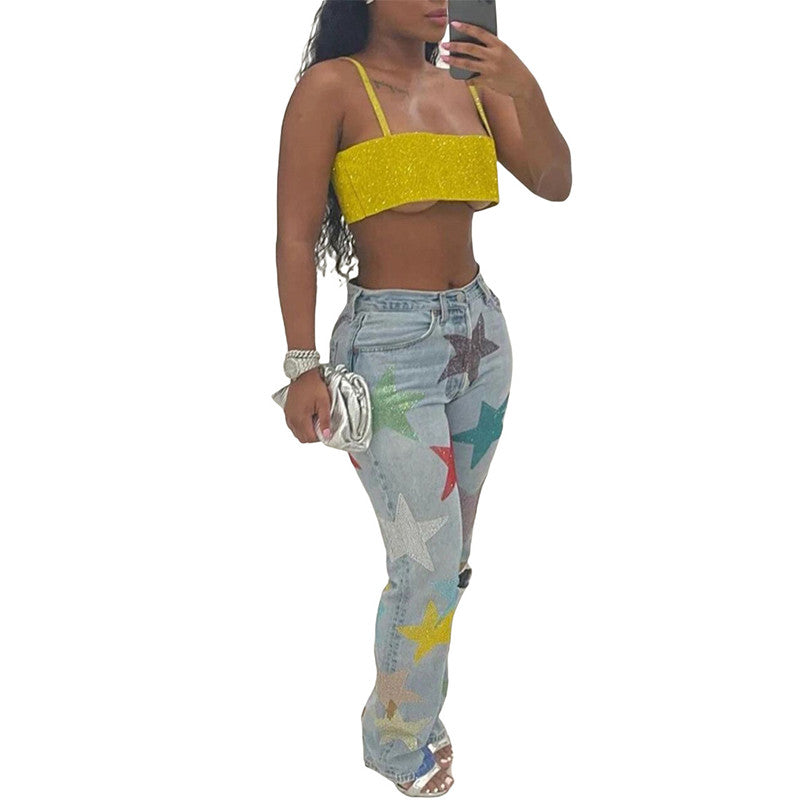 Denim Printed Ripped Five-pointed Star Jeans - Beuti-Ful