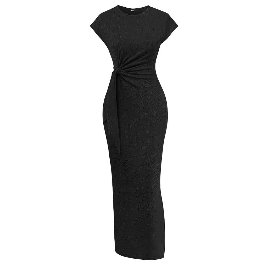 Women's Casual Solid Color Round Neck Waist Trimming Knitted Lace-up Dress - Beuti-Ful