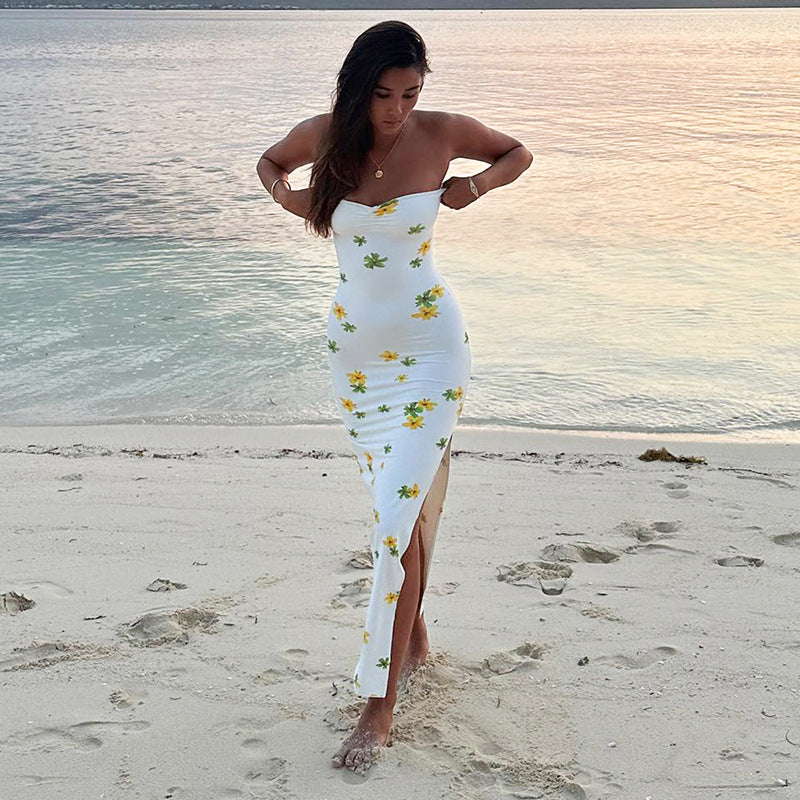 Fold Floral Dress High Waist Long Skirt Printed Tube Top - Beuti-Ful