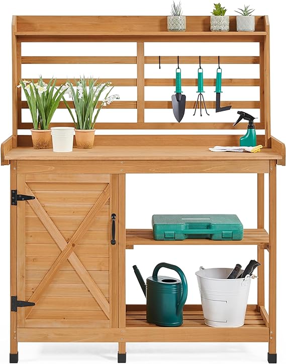 Aheetech Outdoor Potting Bench, Large Horticulture Work Table Workstation With Storage Cabinet Shelf & Planting Working Console For Patio