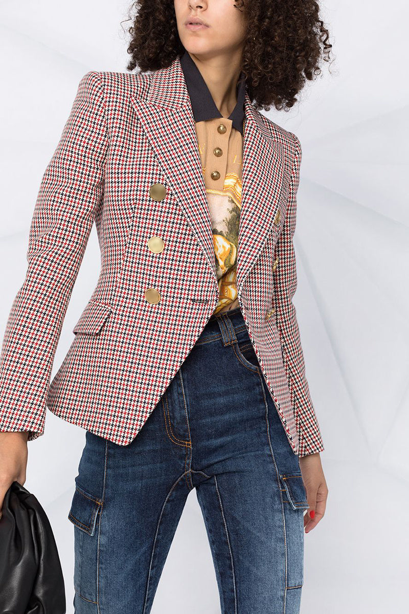 Houndstooth Small Jacket Women Long-Sleeved Double-Breasted Plaid Blazer - Beuti-Ful