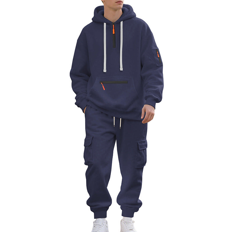 Men's Loose Sports Sweater suit Fleece-lined Hoodie Set Zipper Multi-Pocket Pullover Two-piece Set