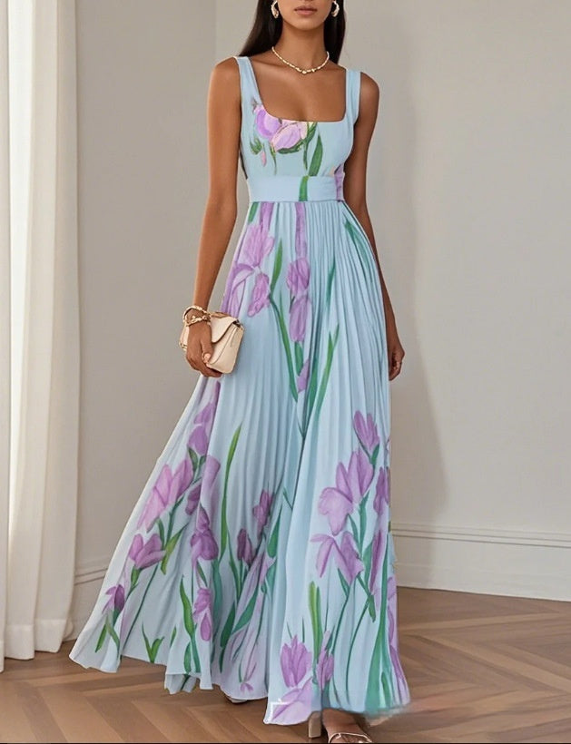 Floral Print Pleated Dress Summer A-Line Sleeveless Midi Dresses Women's Clothing - Beuti-Ful