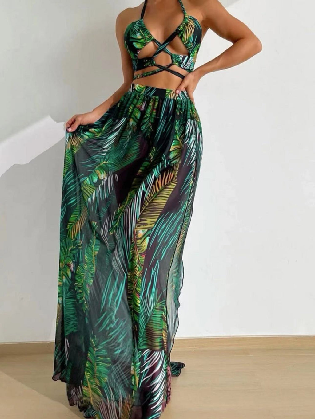 Blouse Gauze Skirt Three Piece Swimsuit Women's Printed - Beuti-Ful