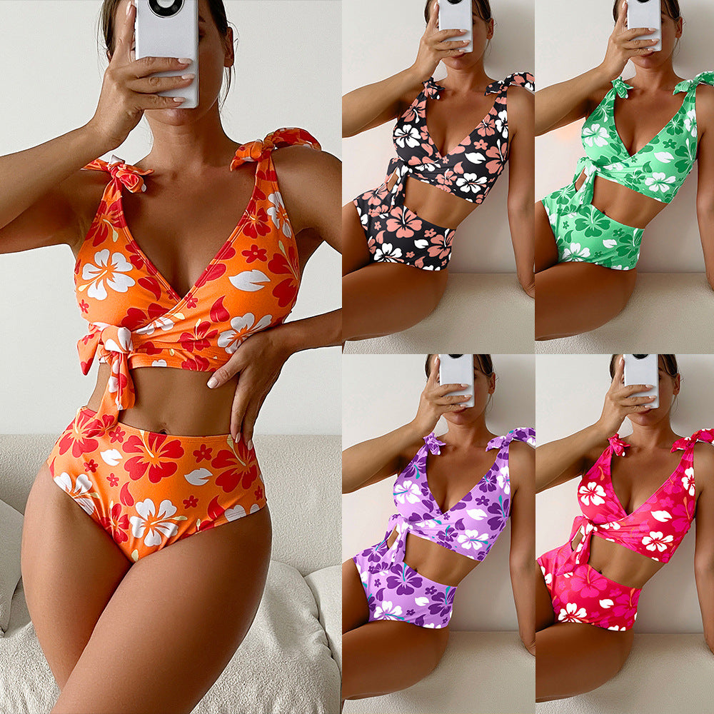 Lace Up Printed High Waisted Bikini Split Swimsuit For Women - Beuti-Ful