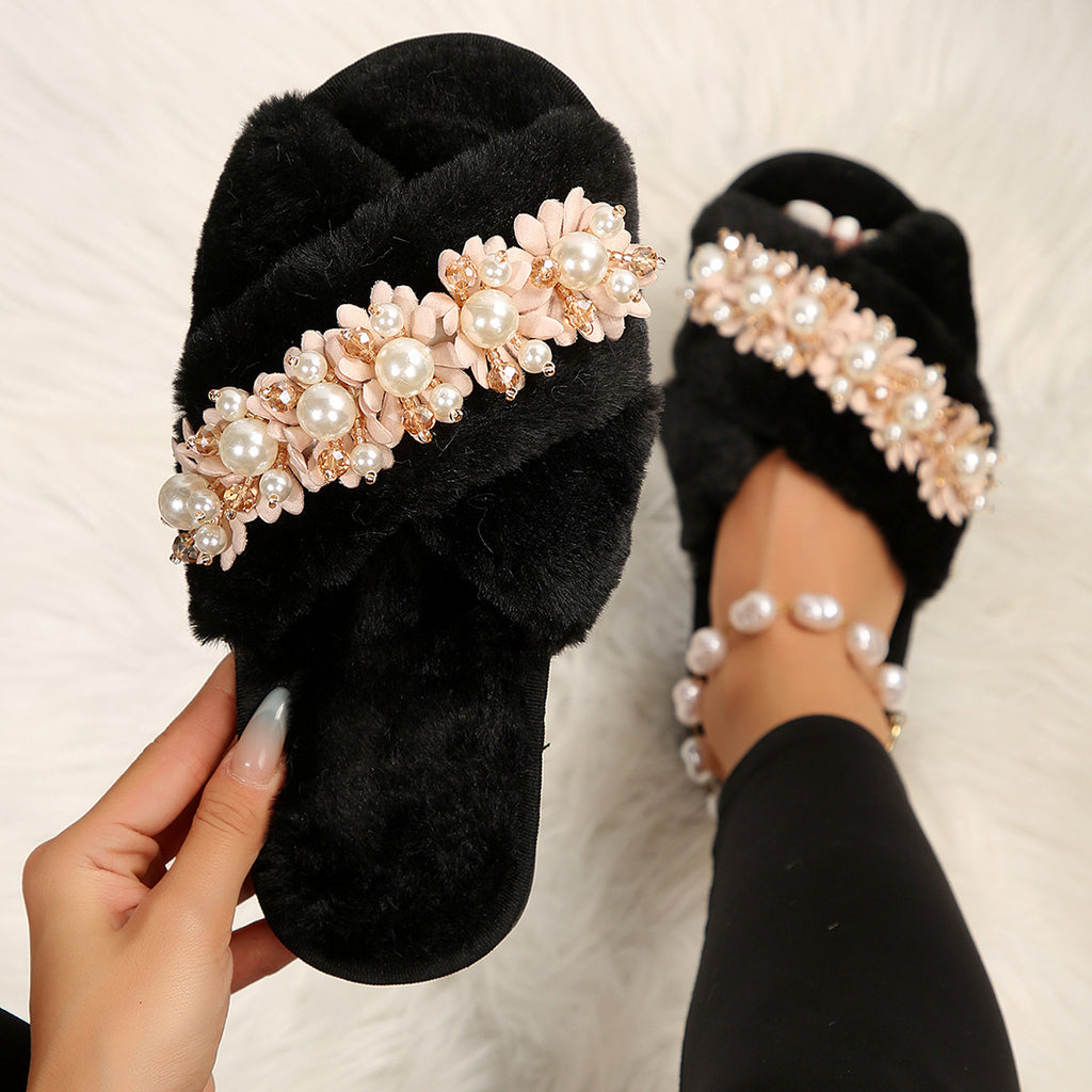 Pearl Slippers Cross Fur Plus Size Flowers - Beuti-Ful