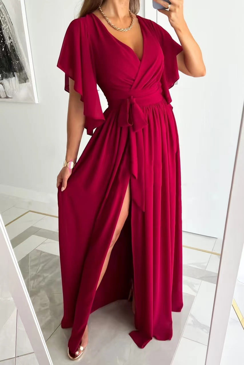 Solid Color Bell Sleeve Loose V-neck Mop Dress - Beuti-Ful