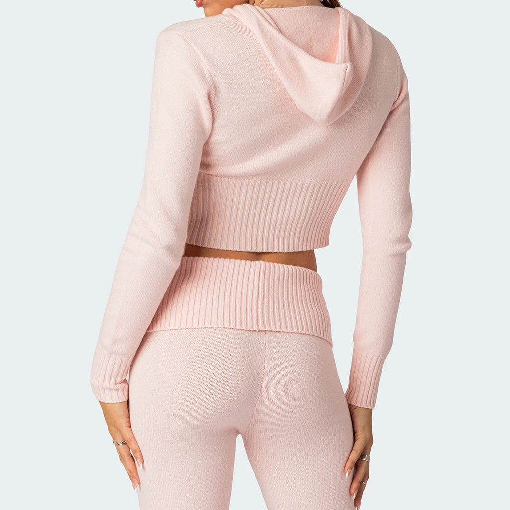 Knitted Hooded Suit Long Sleeve Zipper Cropped Top And Slim Flared Pants Trousers Solid Outfits