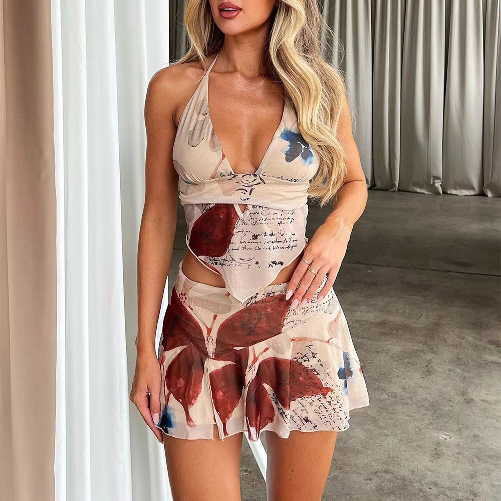 2Pcs Printed Suit Summer Sexy V-neck Halter Top And Pleated Short Skirt Set - Beuti-Ful