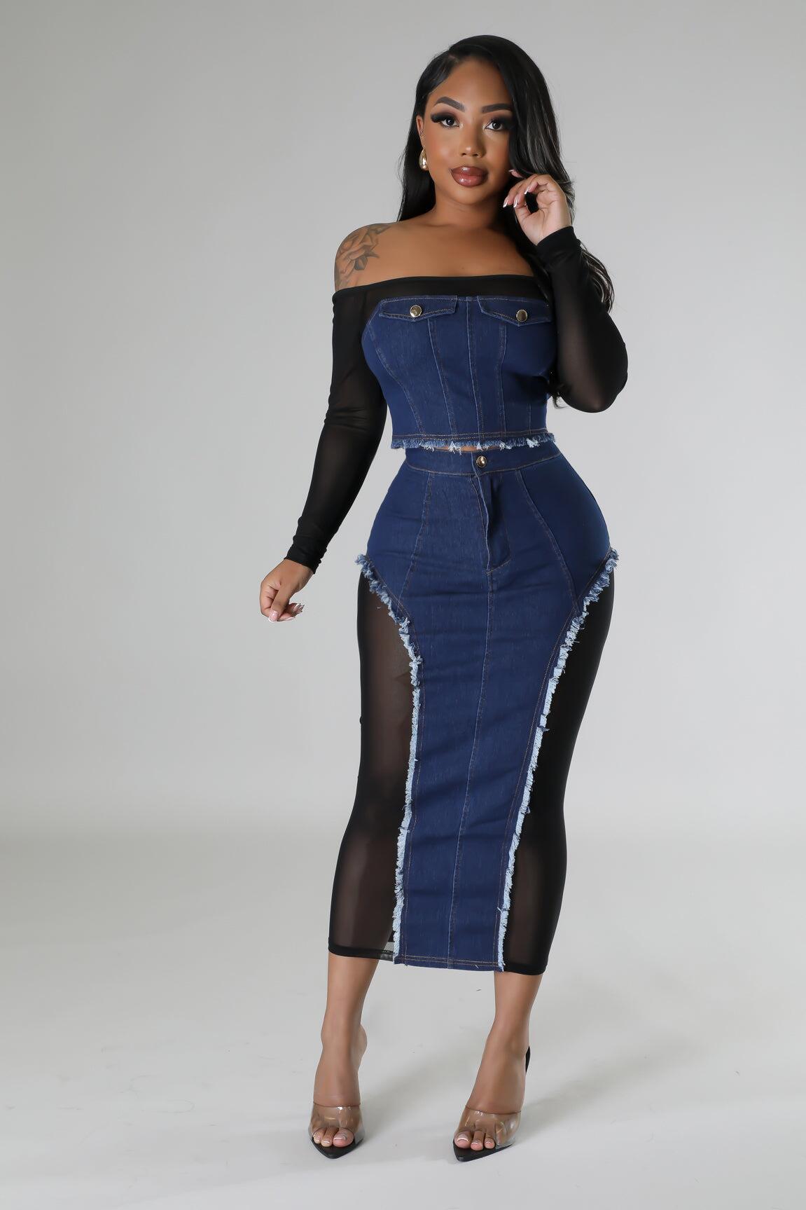 Women's Fashion Mesh Denim Stitching See-through Tube Top Skirt Two-piece Set