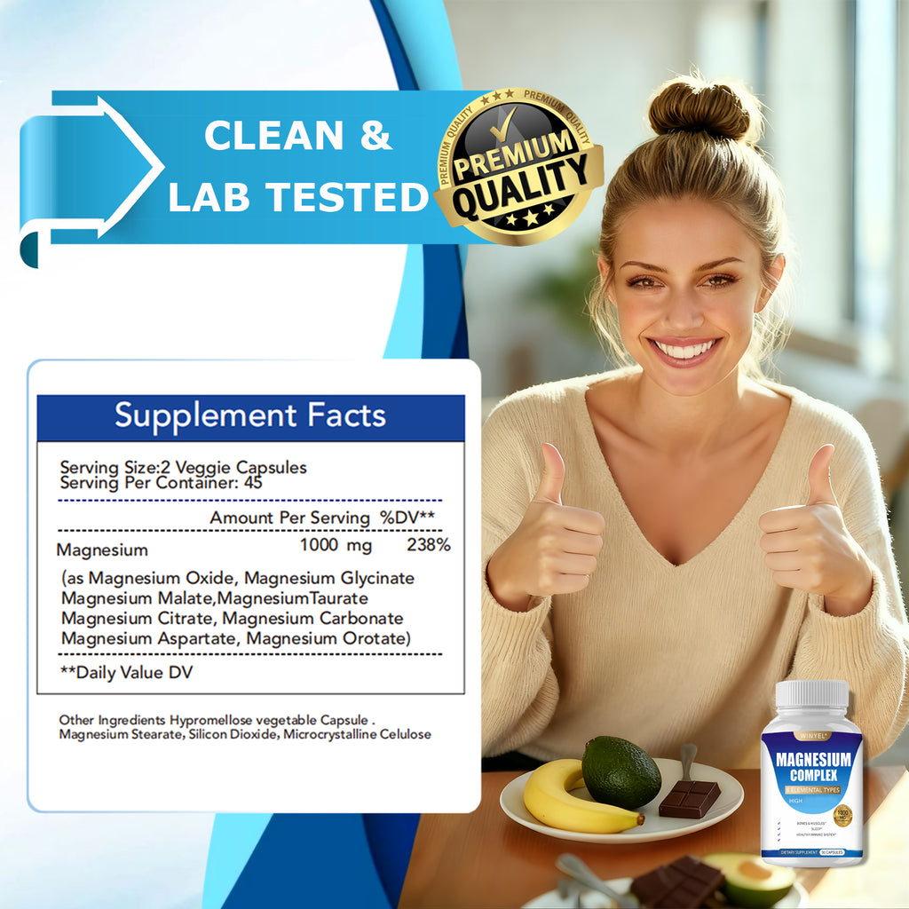 MAGNESIUM COMPLEX Wellness Capsules With Malate & Glycinate And 8 ELEMENTAL MAGNESIUM, Supports Health 90 Capsules, Dietary Supplement. - Beuti-Ful