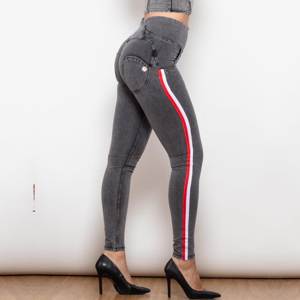 High Waist Dark  Grey Jeans With Stripe Jeans Bum Lift Pants Shaping Jeggings Women Pants