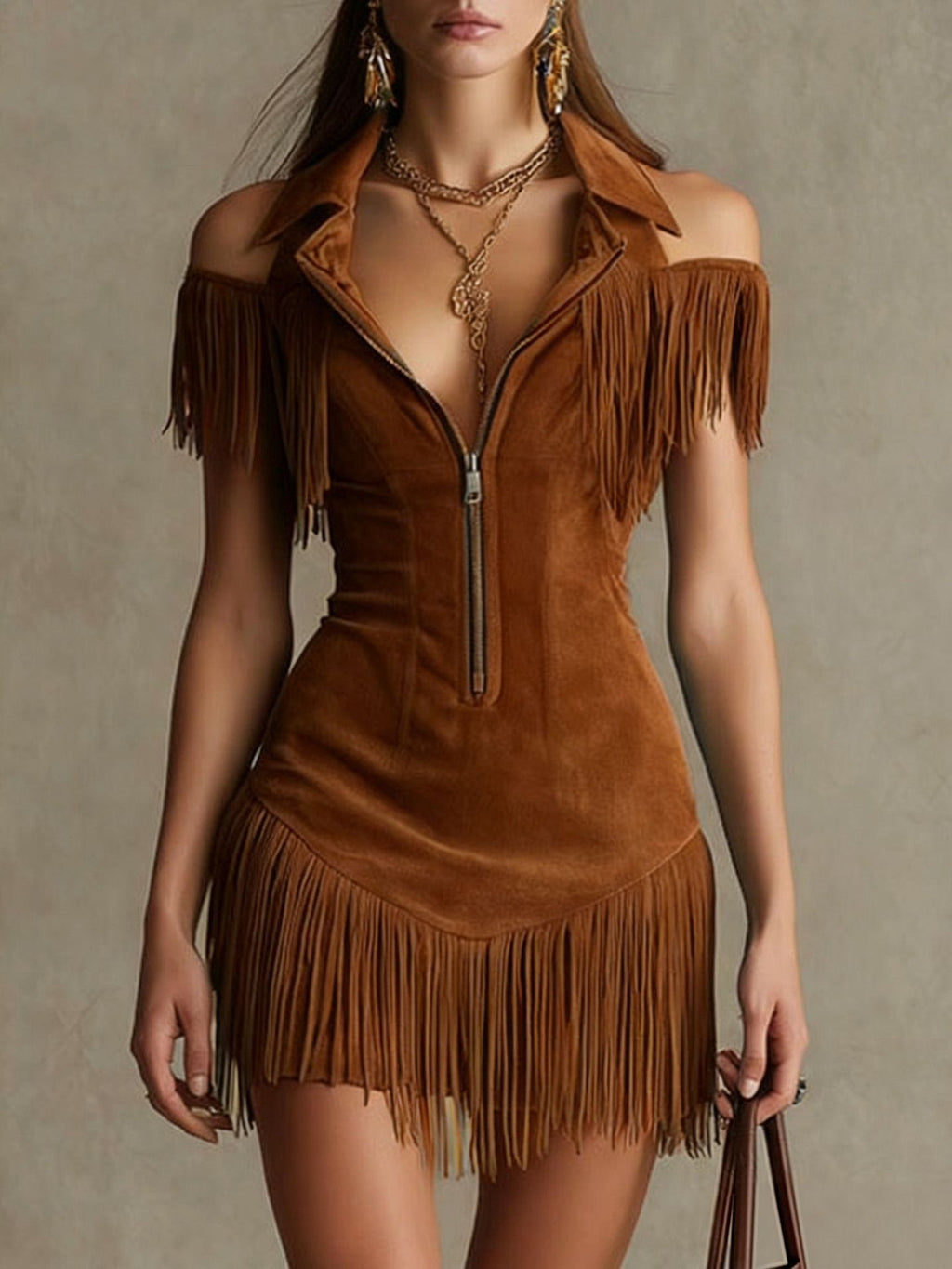 Retro Suede Tassel Off-Shoulder Dress - Beuti-Ful