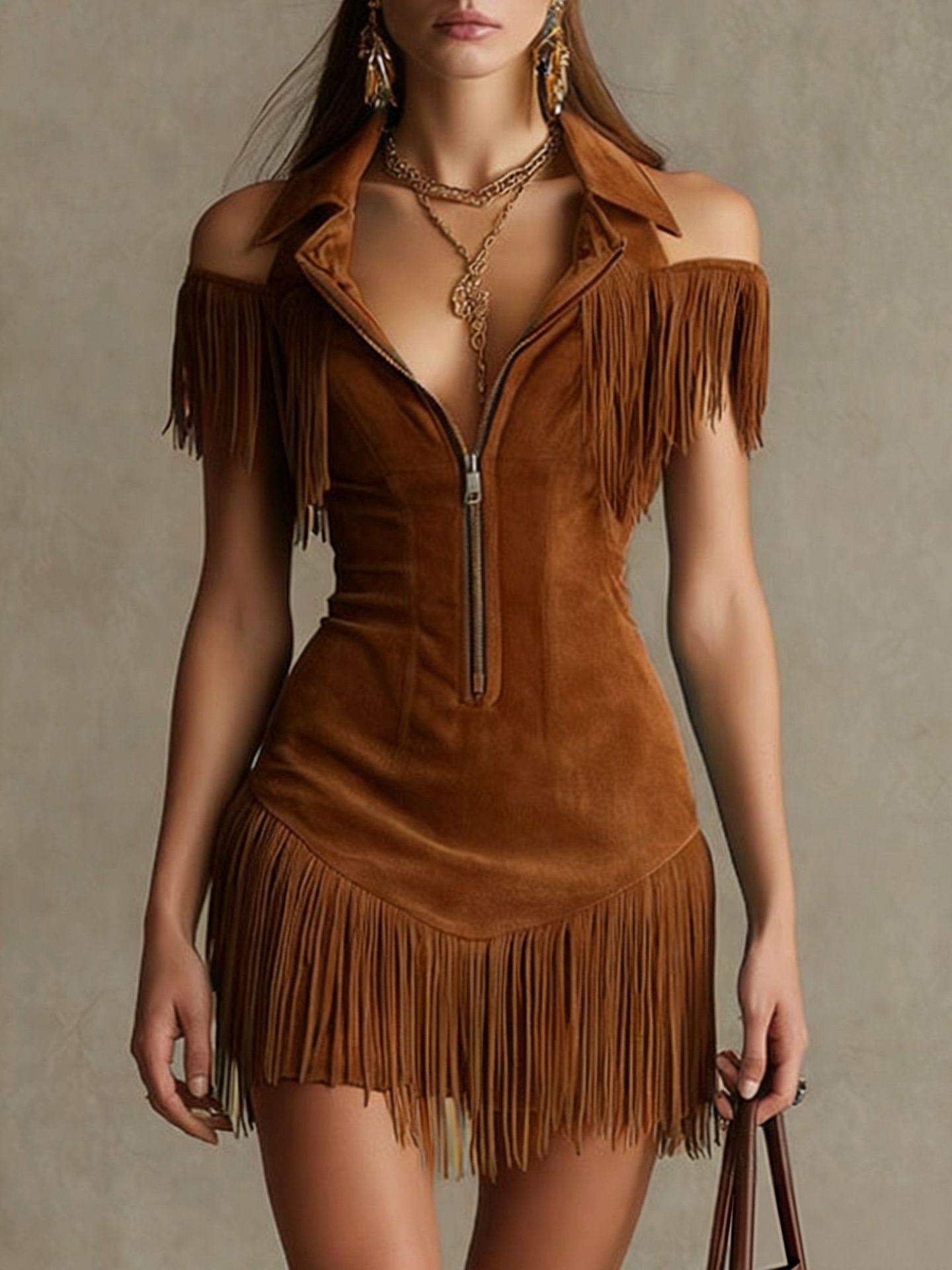 Retro Suede Tassel Off-Shoulder Dress - Beuti-Ful