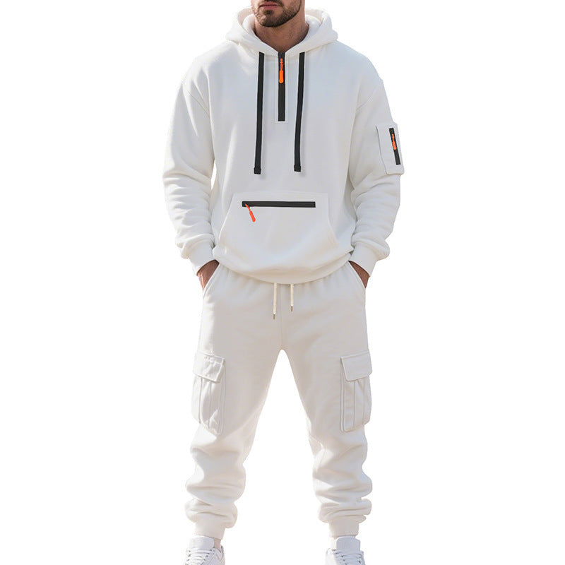 Men's Loose Sports Sweater suit Fleece-lined Hoodie Set Zipper Multi-Pocket Pullover Two-piece Set