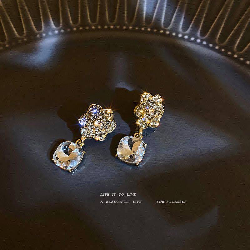 Silver Needle Diamond Flower Earrings Korean Camellia - Beuti-Ful