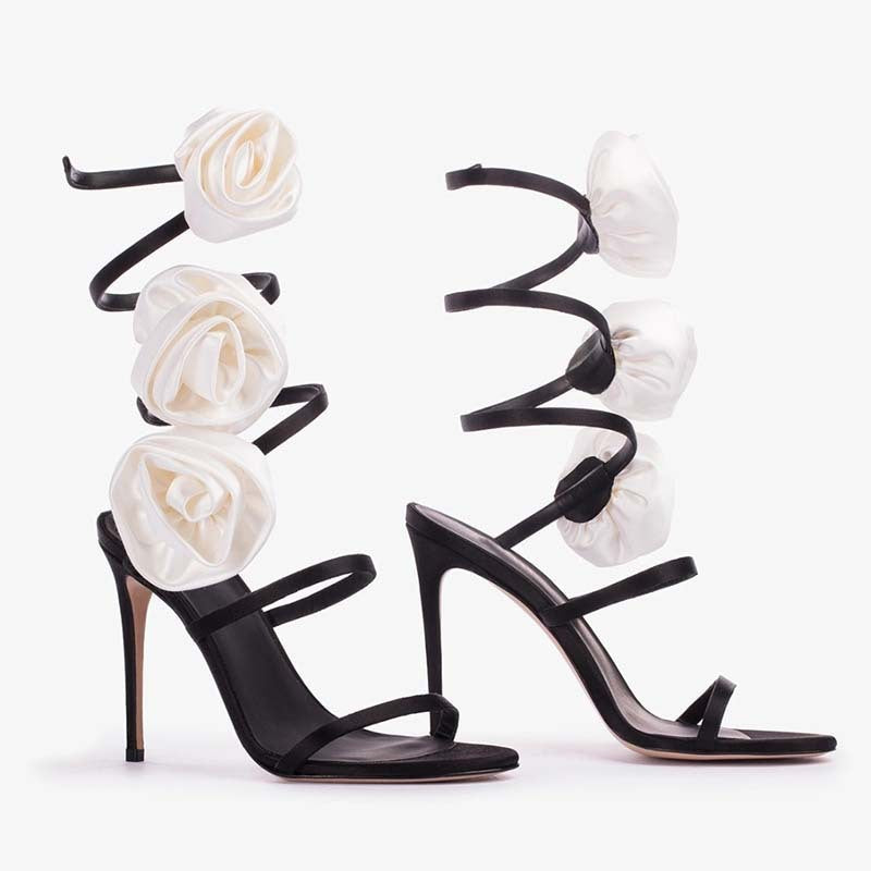 Lace-up Stiletto Heel Round Toe Flower Decorative Women's Sandals - Beuti-Ful