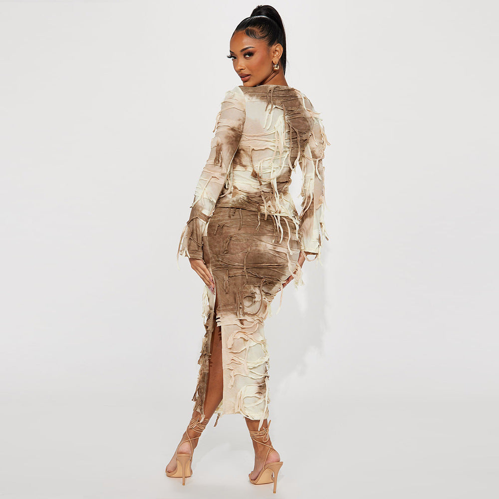 Women's Fashion Tie-dye Exposed Navel Tassel Dress Suit - Beuti-Ful