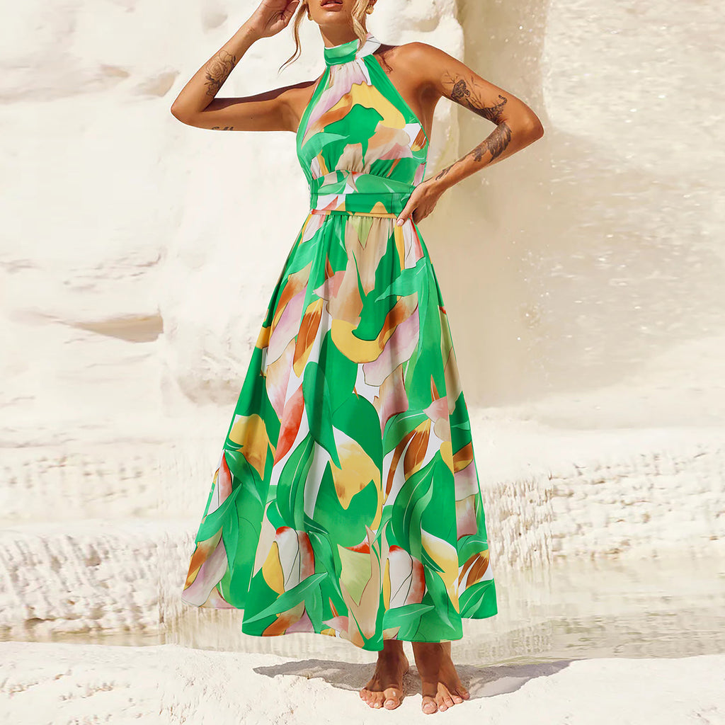 Stand Collar Sleeveless Printed Dress Women - Beuti-Ful