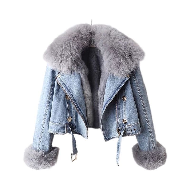 Detachable Fox Fur Rabbit Fur Liner Denim Coat - Beuti-Ful