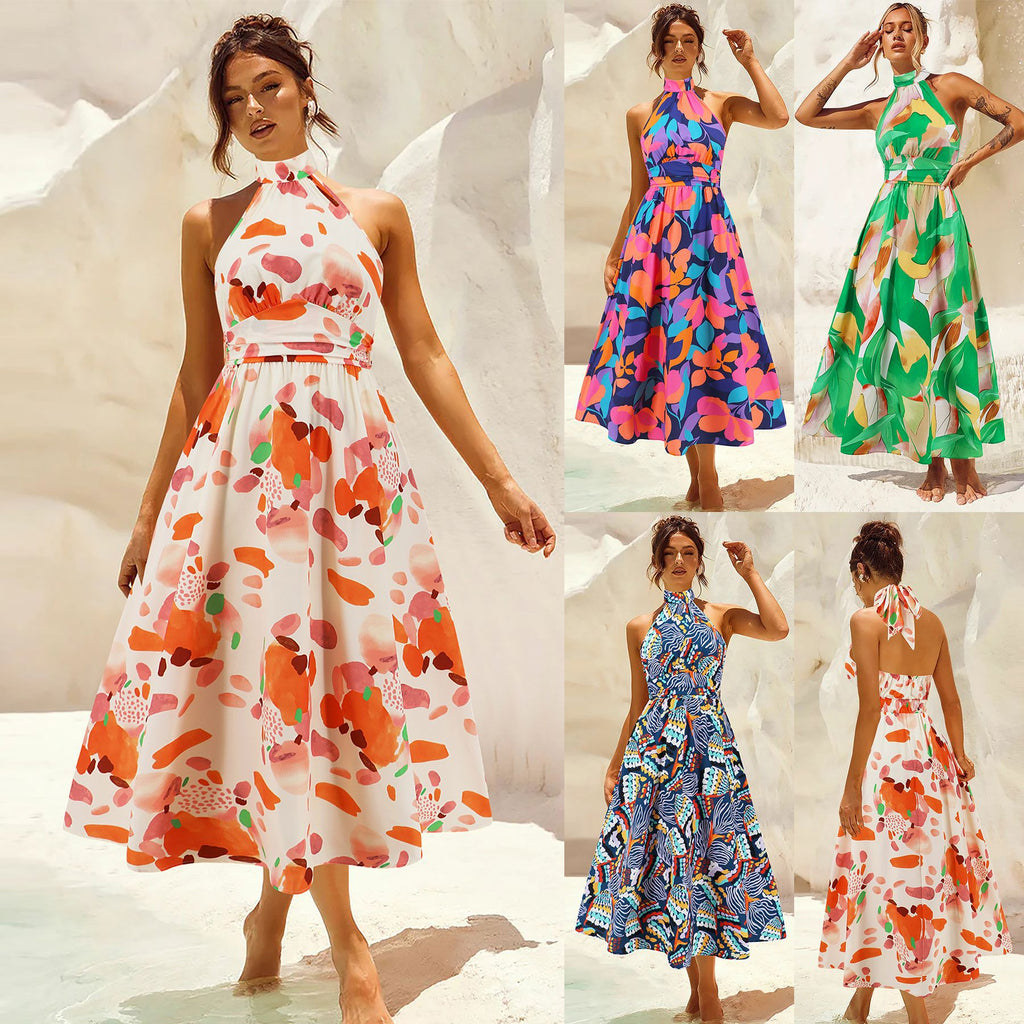 Stand Collar Sleeveless Printed Dress Women - Beuti-Ful