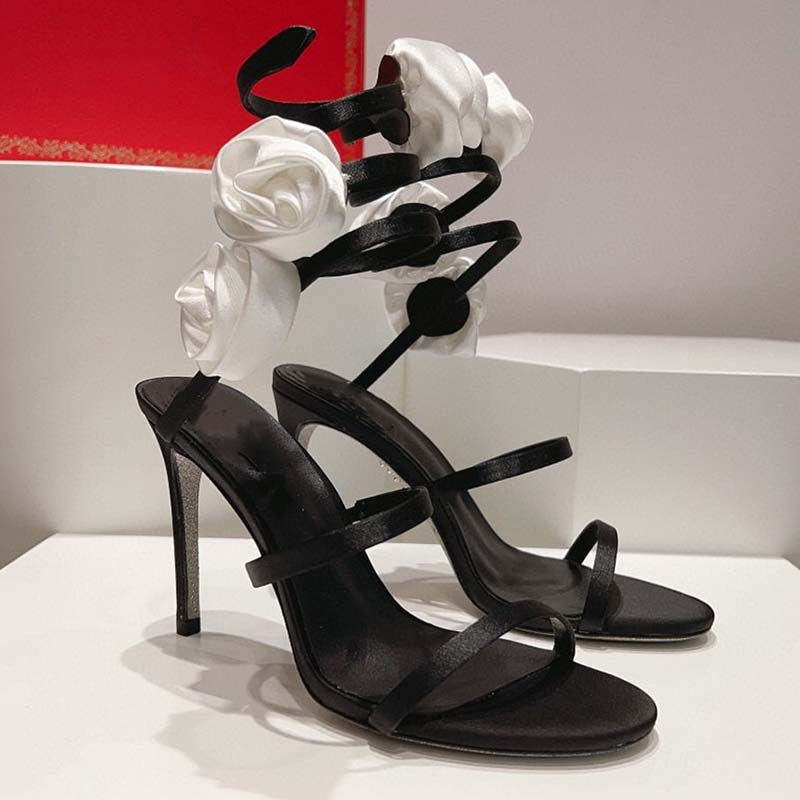 Lace-up Stiletto Heel Round Toe Flower Decorative Women's Sandals - Beuti-Ful