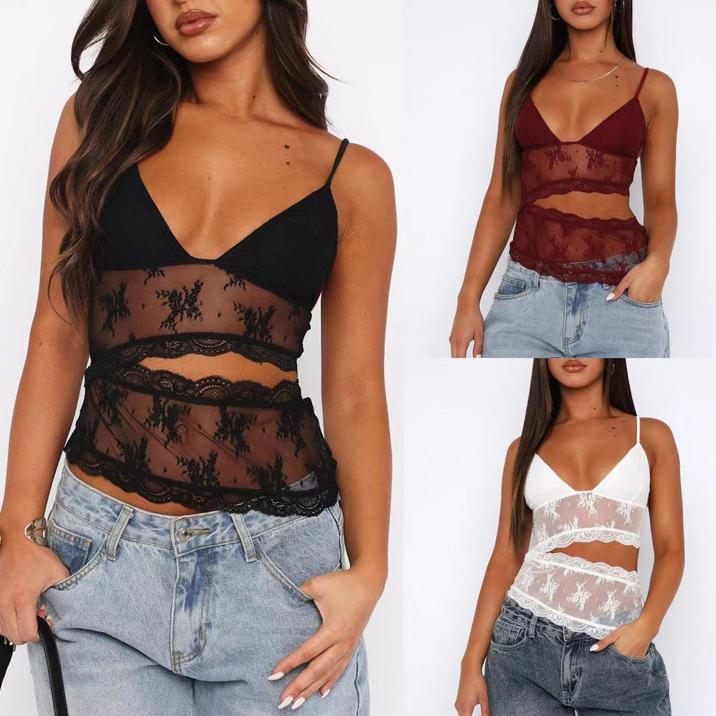 Lace Stitched Backless Small Sling Women V Neck Tank Top Bralette Clothes - Beuti-Ful