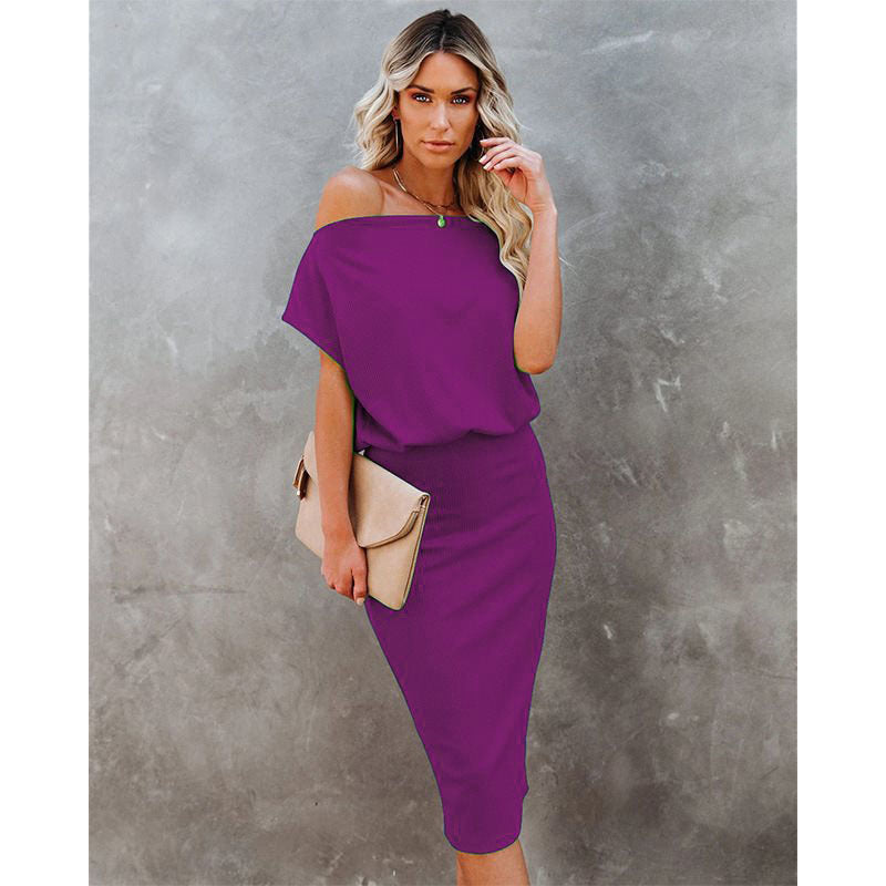 Women's Casual Short-sleeved Off-neck Tight Waist Sheath Dress - Beuti-Ful